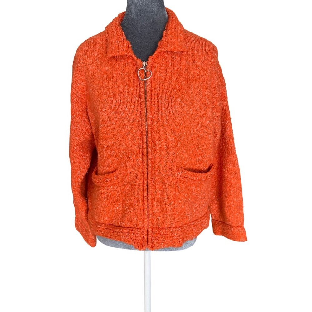 Unif Orange Textured Knit Zip-Up Cardigan Jacket W/ Heart Zipper Pull Pockets S